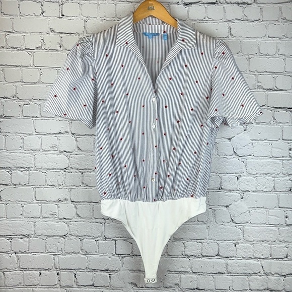 DRAPER JAMES Stars & Stripes Collared Bodysuit, Size L - Picture 1 of 7